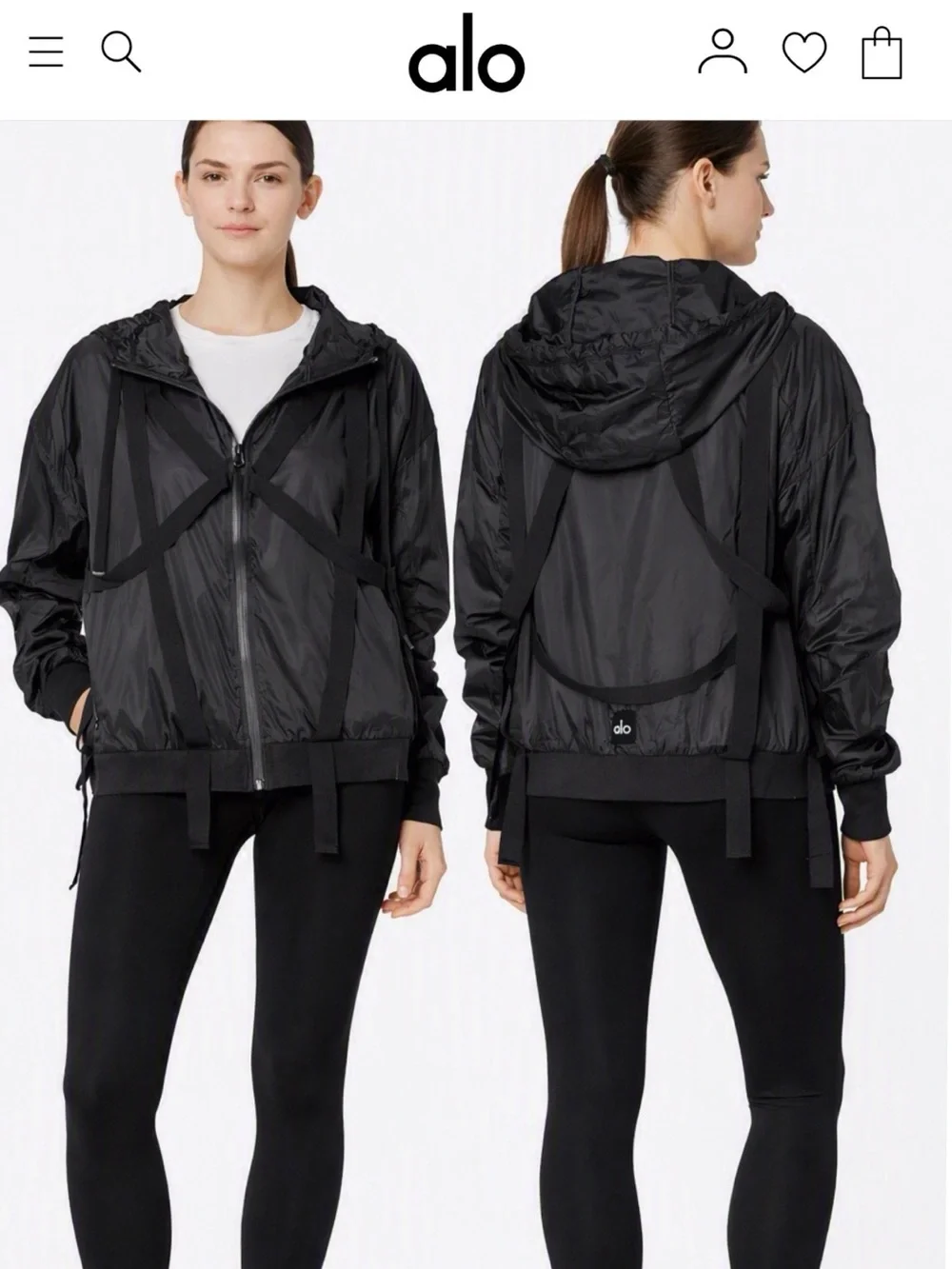 Alo Yoga Sway Jacket Black XL Strap Detail Shine Finish Streetwear Luxe Hooded